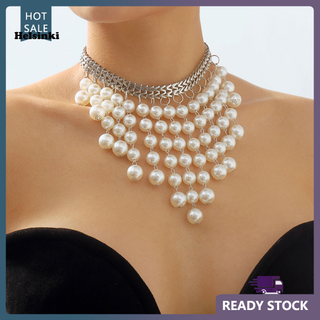 Hls โซ่โลหะผสมสร้อยคอหลายชั้นประณีตหลายชั้น Faux Pearls สร้อยคอChoker Elegant Retro Alloy Chain เครื