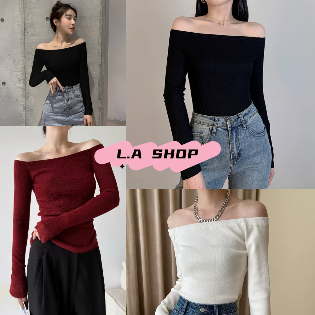 L.A Shop สไตล์ใหม่ เสื้อไหมพรมเปิดไหล่ แขนยาว คาวาอี้ ดีเทลรัดตัวผ้าร่องเล็ก "CY511"