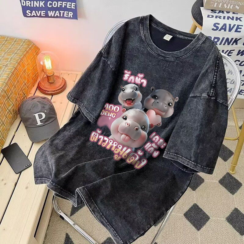 เสื้อยืดลายฮิปโปหมูเด้ง Qkoole น่ารักมากๆ เสื้อแขนสั้นคอลเลคชั่น Moodeng hippo I000847