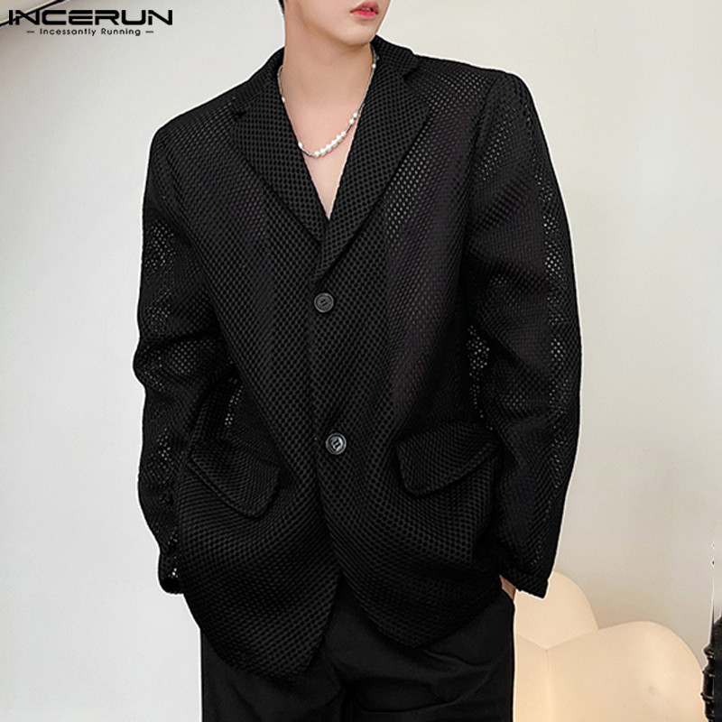 ไม่แน่นอน ผู้ชายเกาหลีลําลองกลวงไหล่ เบาะ แขนยาวหลวม เสื้อสูทแฟชั่น