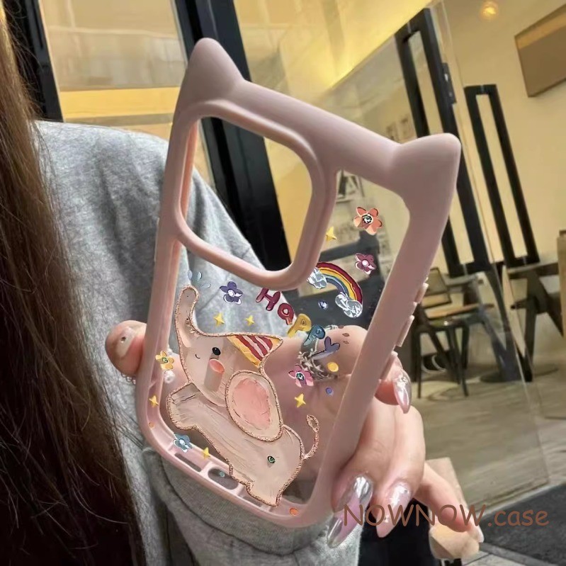 Iphone 16 15 14 13 12 11 Pro Max X XR Max 7 8 Plus INS ภาพวาดสีน้ํามันน่ารักช้างเคสโทรศัพท์ปกอ่อน