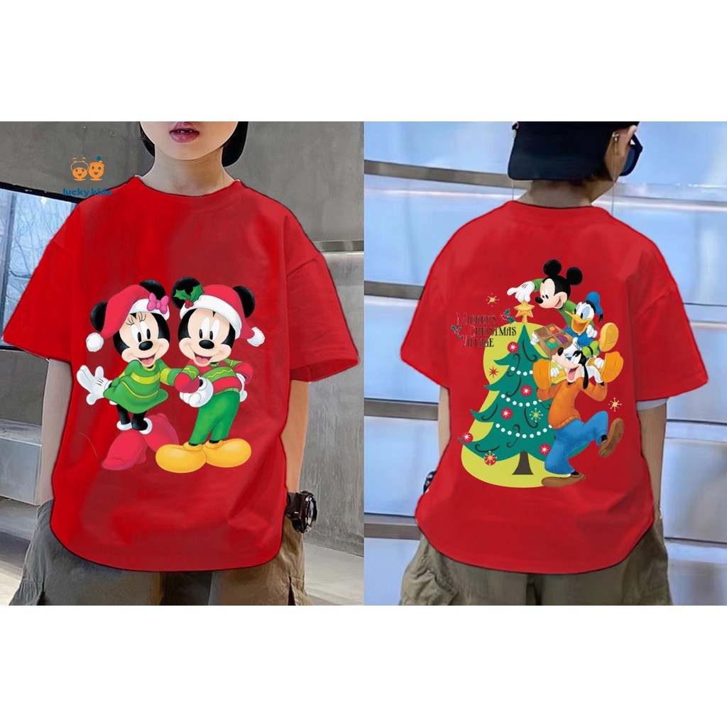 เสื้อยืดเด็ก "Merry Christmas" ผ้าฝ้ายแท้สำหรับผู้ชายและผู้หญิงเด็ก Disney Mickey Mouse Pattern นุ่มสบาย LUCKY KIDS