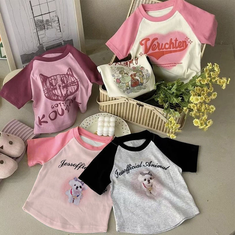 80-140เซนติเมตรเวอร์ชั่นเกาหลีของสาวน่ารักพิมพ์แขนสั้นเสื้อยืดฤดูร้อนเด็กแฟชั่นร้อยเสื้อยืดท็อปส์