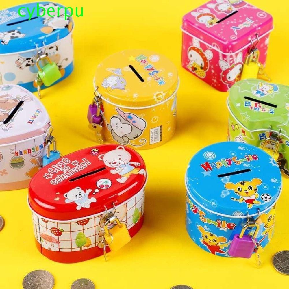 Cyberpulse Tinplate Piggy Bank, มีตัวล็อคและกุญแจการ์ตูนพิมพ์ออกแบบกล่องออมทรัพย์เหรียญ, สีสุ่มศิลปะเหล็กความจุสูงน่ารักเด็กเก็บ Jar Home