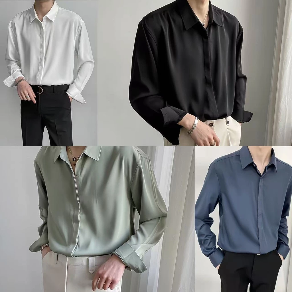 เสื้อเชิ้ตแขนยาวสีพื้น คอปก เสื้อเชิ้ตใส่ทำงานชาย สไตล์ลำลอง กระดุมแถว แฟชั่นเกาหลี ไซส์ S-3XL