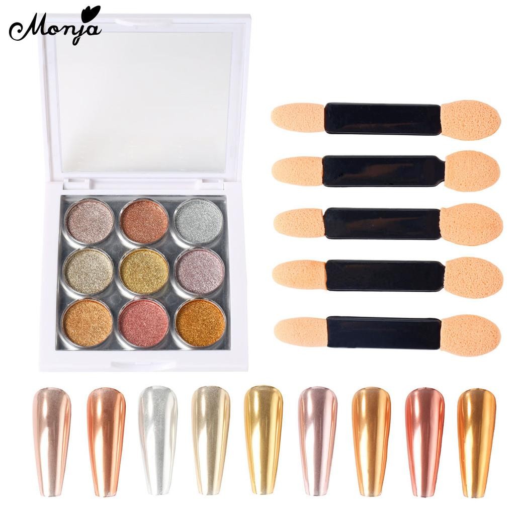 Monja 9สี/กล่องเล็บกระจกผง สะท้อนแสง กระจกผงกระจกตกแต่งเล็บ ผงกระจกออโรร่า ติดทนนาน สําหรับตกแต่งเล็