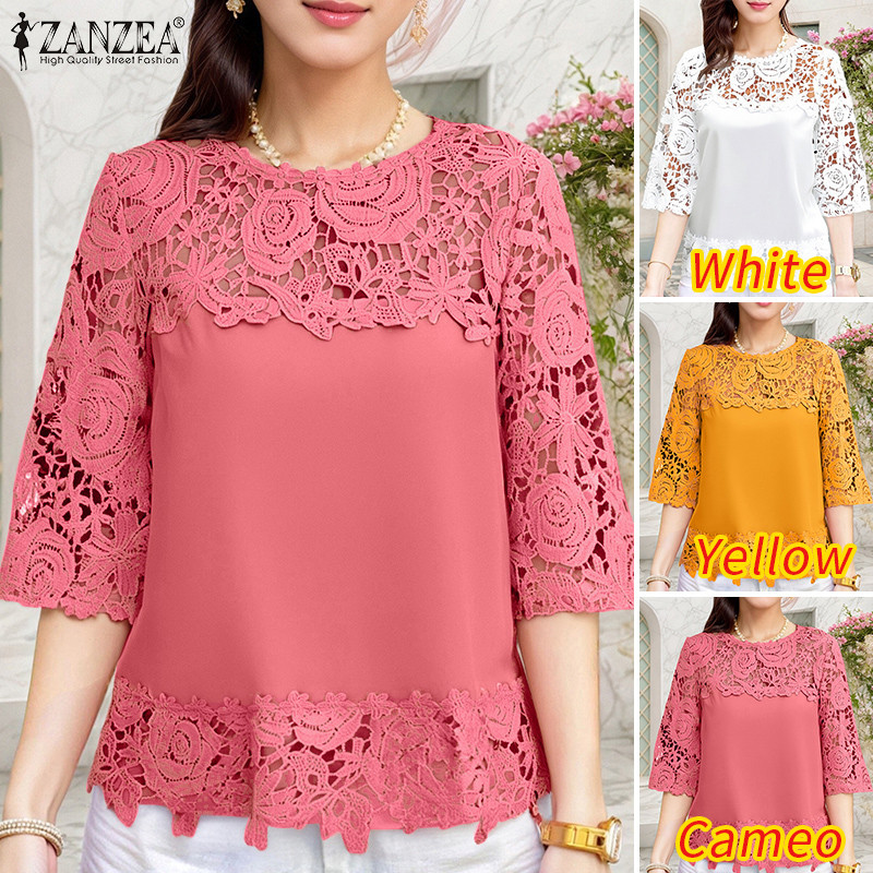 ZANZEA ซานเซีย เสื้อลูกไม้โครเชต์สำหรับผู้หญิง สไตล์เกาหลี แสงหรูหรา มีรอบคอยาวถึง 3/4 และแขนกลวง — صورة 3