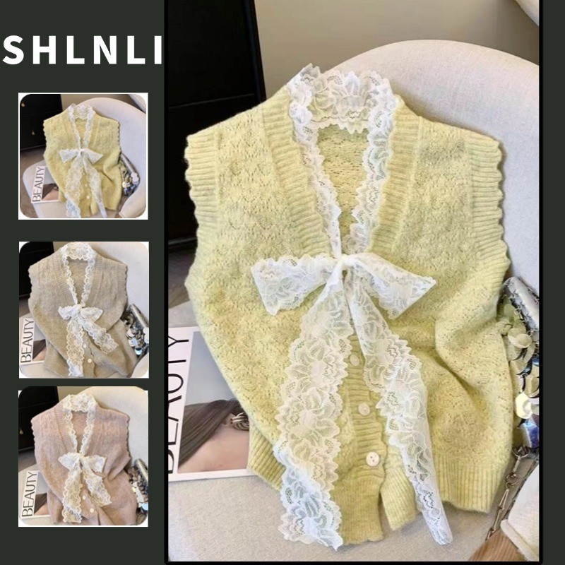 เสื้อกั๊กลาวส้นสั้นผู้หญิงในฤดูร้อน แขนกุดทรงวี เสื้อลูกไม้ถักสไตล์หวานและสดใส กับโบว์ที่ปุ่ม
