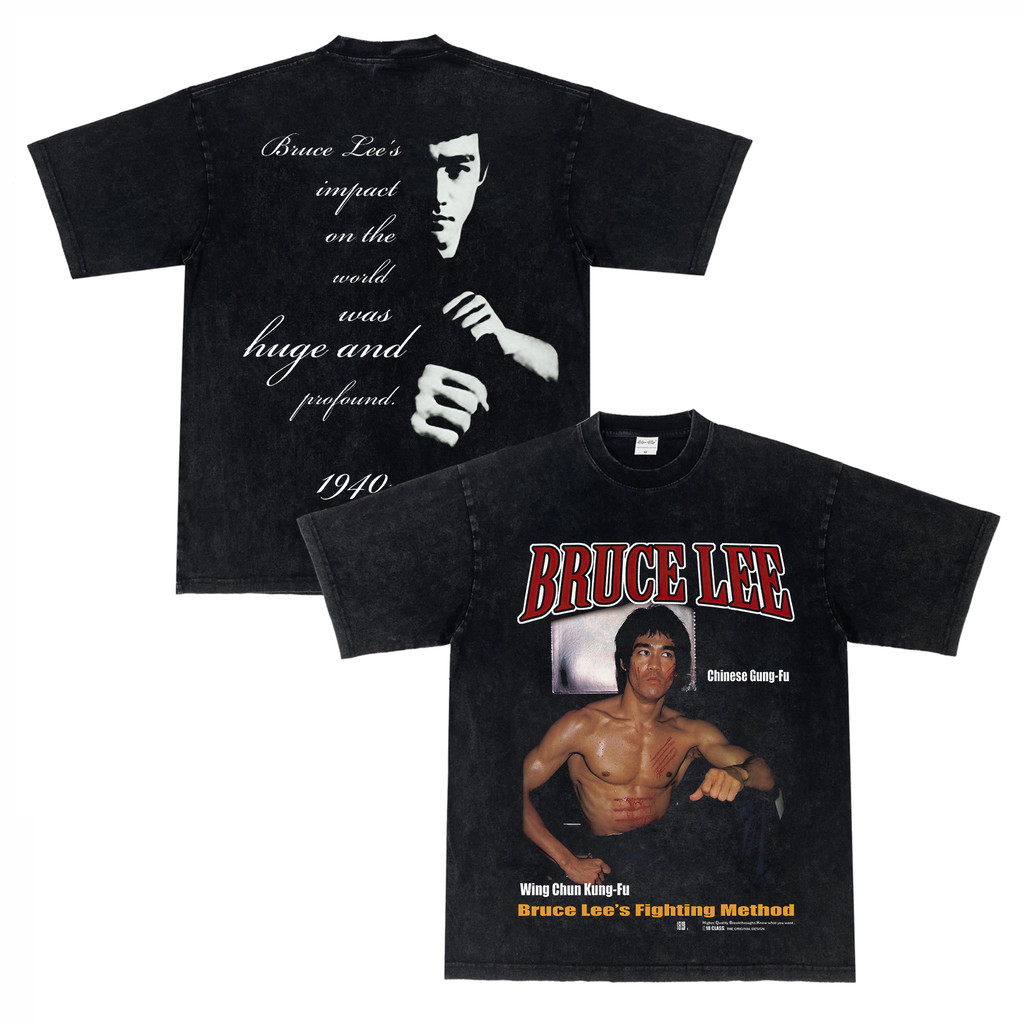 เสื้อเชิ๊ตแขนสั้นสไตล์สตรีทวินเทจเรโทร Bruce Lee อเมริกัน คอเต่า มีการย่นจากการซัก