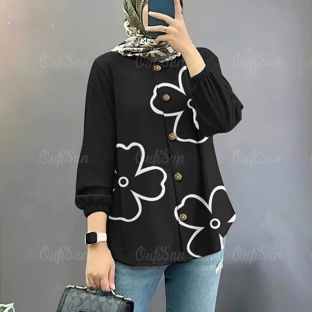 เสื้อมุสลิมอีดดอกไม้ย์แขนยาวหลวมด้านบนมุสลิมขนาดใหญ่แฟชั่นกีฬาขนาดใหญ่เสื้อที่เรียบง่ายปีใหม่ธรรมดาสบายๆด้านบน - ภาพย่อย 4