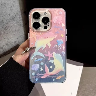 ปลาโลมาในฝันแมงกะพรุนเปลือกหอยดาวน่ารัก เคสไอโฟน 16 11 13pro สำหรับ IPhone 15 14 12 ProMax7 8 Plus X XR XSMaxสีขนมกวาด