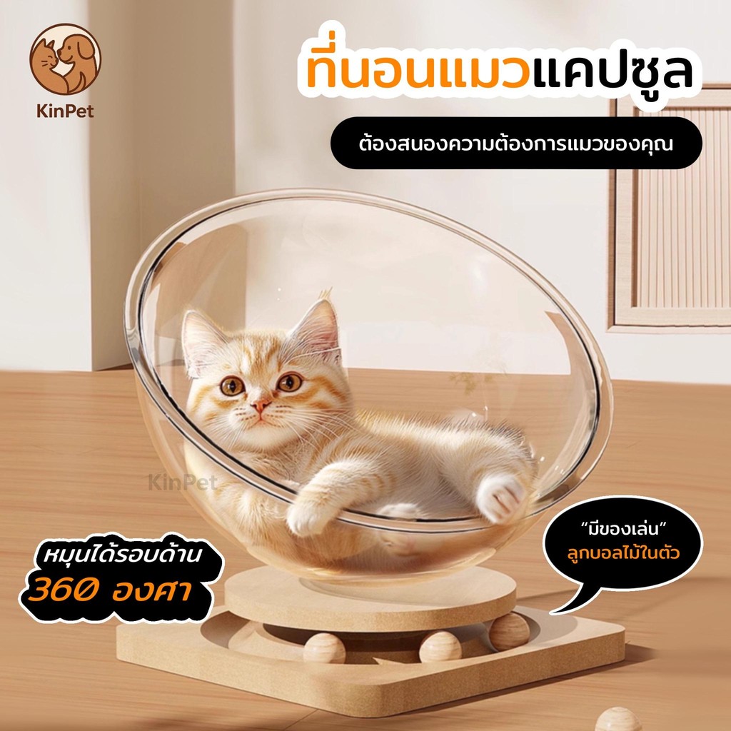 บ้านแมว ที่นอนแมว แคปซูลที่นอนแมว,ที่นอนแมวแบบน้ำแข็ง ที่นอนแมวแคปซูลอวกาศ หมุนได้360องศา อะคริลิค พร้อมรางบอลแบบรางไม้