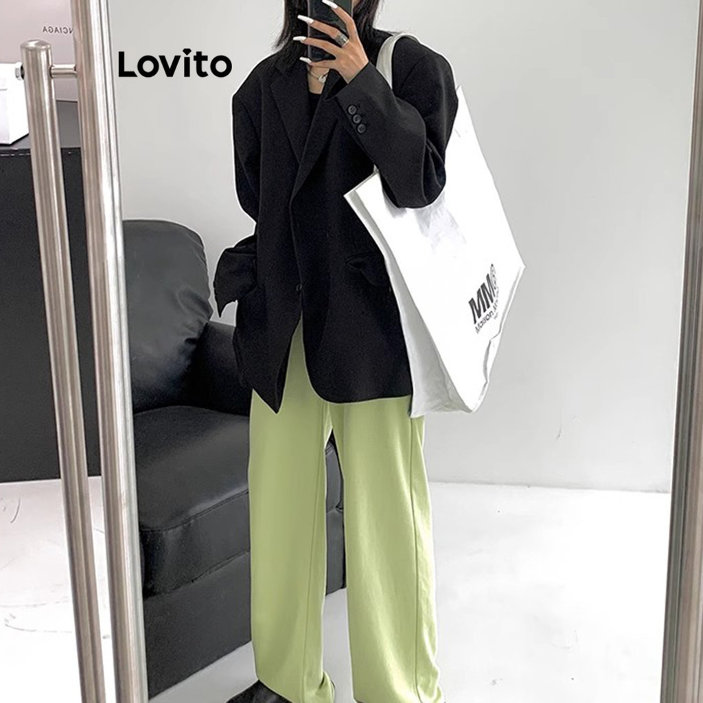 (Trendy) Lovito เสื้อเบลเซอร์ลําลองเสื้อเบลเซอร์ปุ่มธรรมดาสําหรับผู้หญิง LNA37125 (สีดํา)