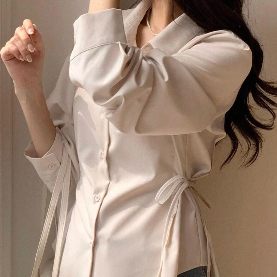 เสื้อเชิ้ตลำลองสตรี สไตล์นักธุรกิจ แขนยาว คอกลม มีสายผูกที่เอว ใส่ง่ายสำหรับทุกโอกาส