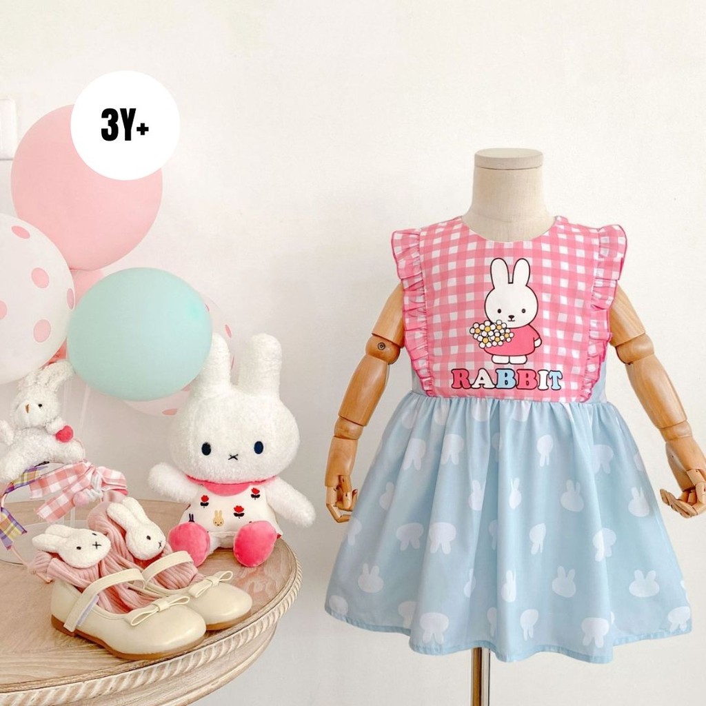 MERAH ( DRE1064 ) ชุดเดรสแขนสั้นเด็กผู้หญิง - ผ้าฝ้ายโพลีเอสเตอร์ - bunny miffy - สีฟ้าสีชมพู (NOT I