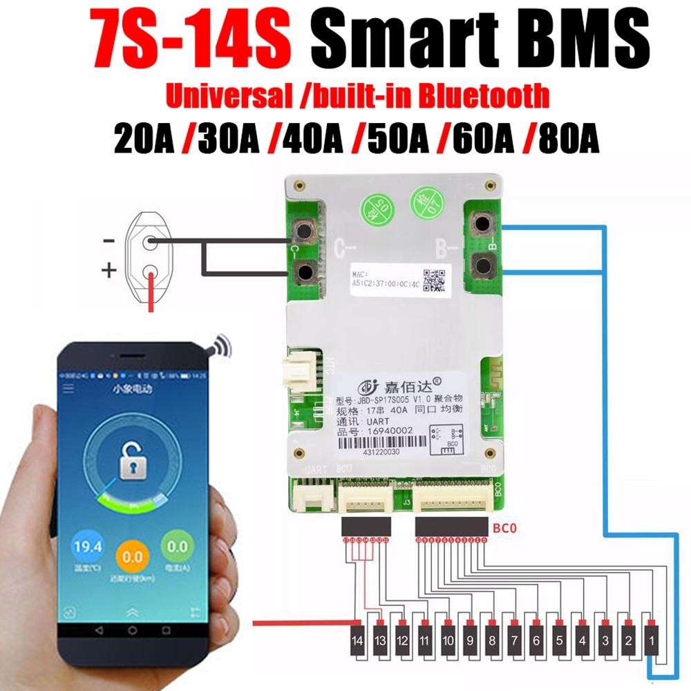 7S ~ 17S JBD บลูทูธสมาร์ท BMS 10S 13S 14S 16S แบตเตอรี่ลิเธียมป้องกัน 24V 36V 48V 60V