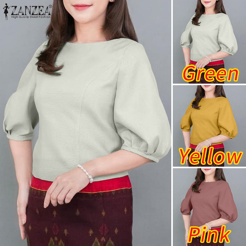 ZANZEA เบลาส์สำหรับผู้หญิง สไตล์เกาหลี แขน3/4 คอกลม สีพื้น — صورة 3