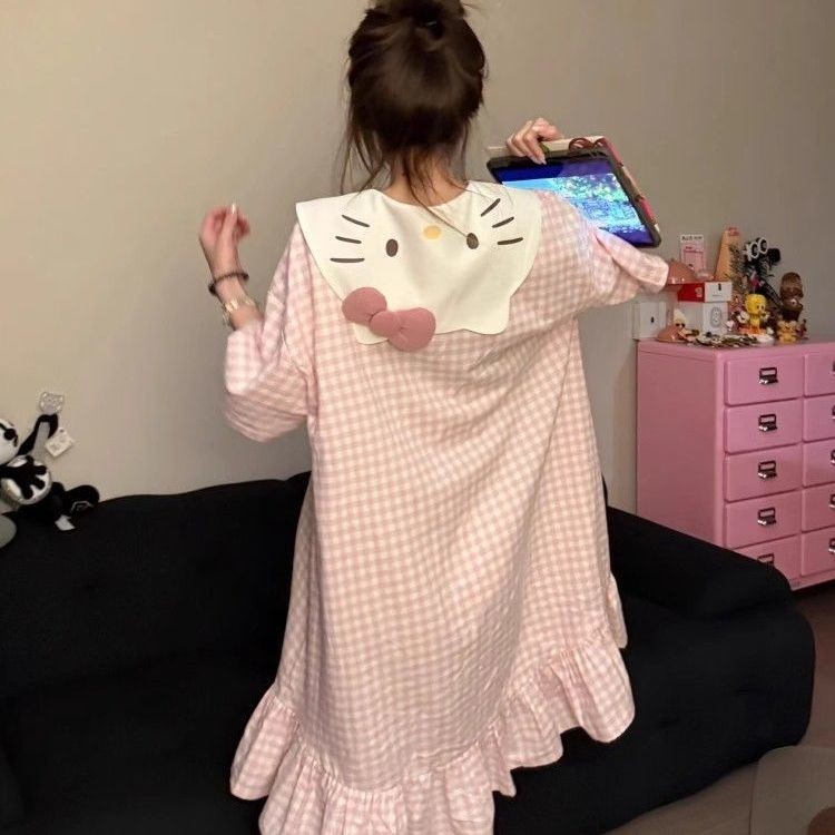 ชุดนอนคาร์ดิแกนเช็คสีชมพู Hello Kitty สำหรับสวมใส่ตอนกลางคืนและLoungewearในฤดูร้อน