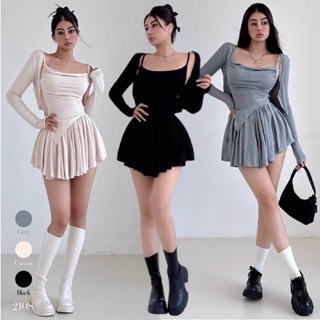 เสื้อสายเดี่ยวปรับสายได้ สีดำเซ็ต3ชิ้น + กระโปรงกางเกงเอวยาง…