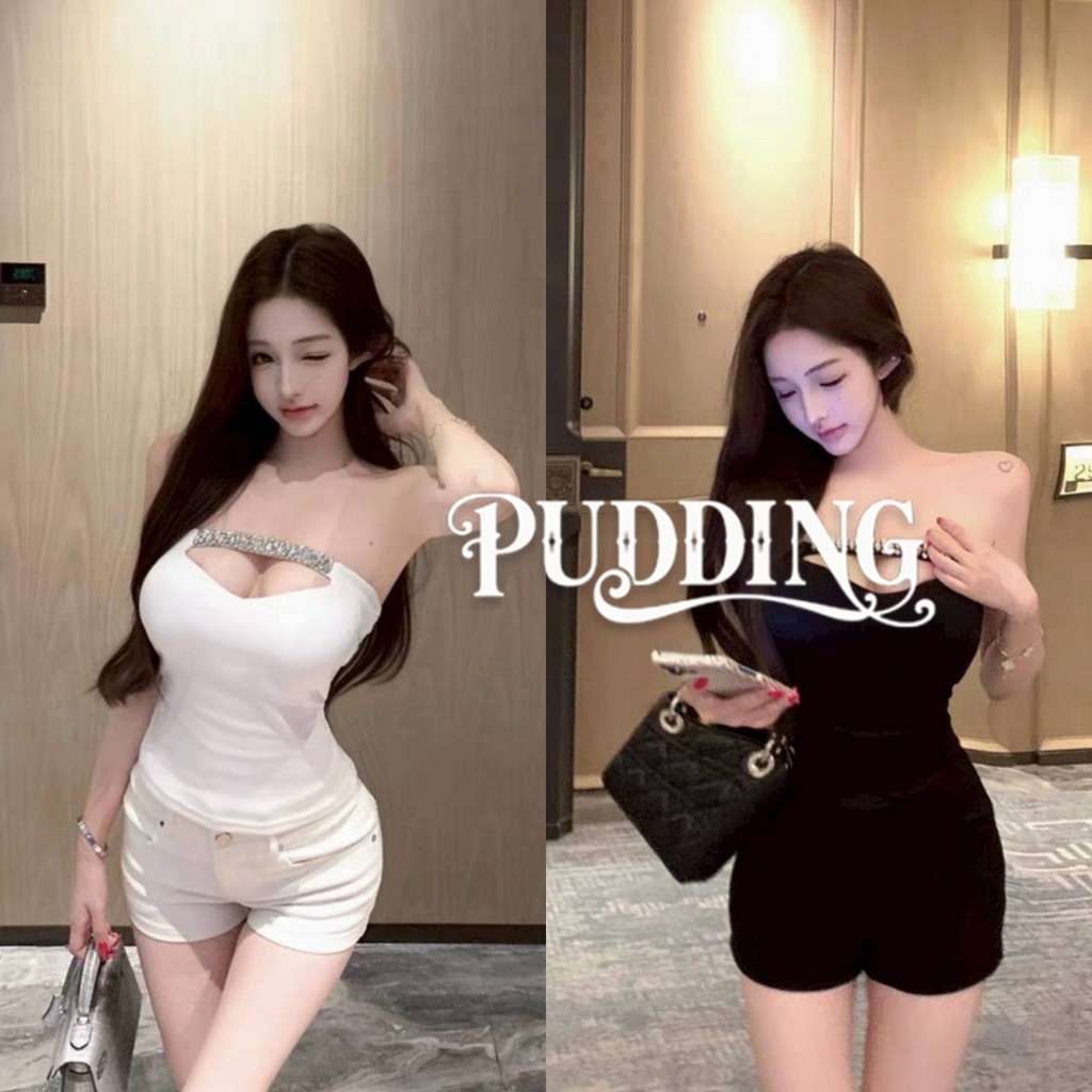 PUDDING พร้อมส่ง เสื้อเกาะอก ดีไซน์เข้ารูปช่วงเอว สีพื้น ดีเทลเรียบหรูดูแพง แต่งเพชรเพิ่ม-FY2928