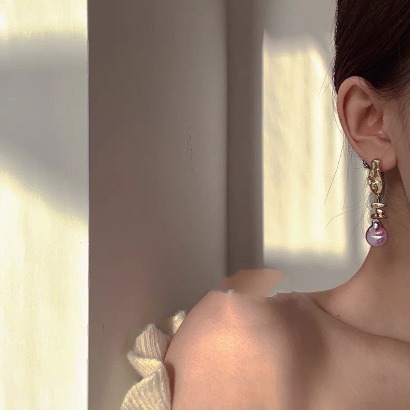 Vbv สีม่วงทอง Lava ธรรมชาติ Aurora ปุ่มที่มีสีสัน Baroque Pearl ต่างหูภาษาฝรั่งเศสคํา High-End ต่างห