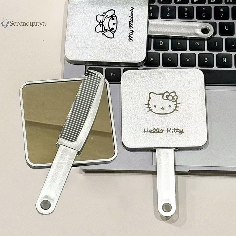 SEE Sanrio Hello Kitty กระจกแต่งหน้าแบบพกพาพร้อมหวีสติกเกอร์การ์ตูน Quadrate Handle กระจกเครื่องสําอางสาวของขวัญเครื่องมือเครื่องสําอาง TH