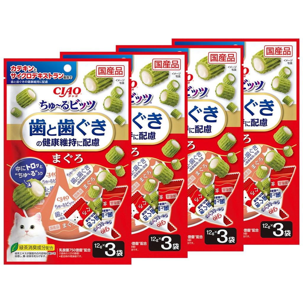 CIAO Churu Bits Tuna 12g x 3 Pouches Pack of 4 for Cat Dental Health