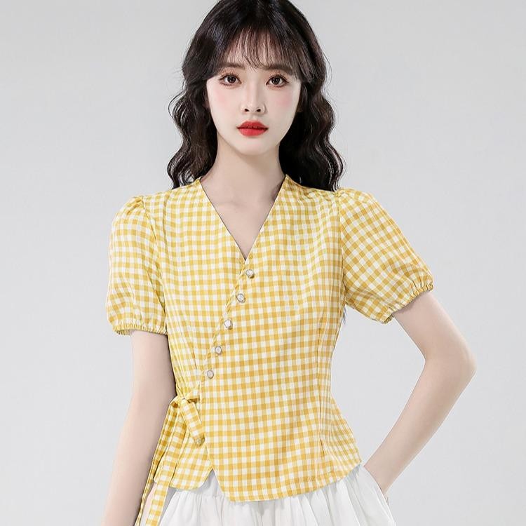 เสื้อเชิ้ตแขนพองลายสก็อตหวานๆ สดใหม่ สำหรับผู้หญิง 2025 เสื้อเชิ้ตรัดรูปเข้ารูปฤดูร้อนใหม่99162 ราคา ถูกที่สุด ดีลบีเคเค แกลเลอรีภาพที่ 2