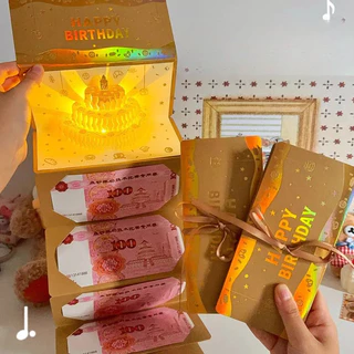 Berma Baby ซองจดหมายสีแดงวันเกิด ดนตรี+โคมไฟ การ์ดวันเกิด 3D พับซองแดงวันเกิด