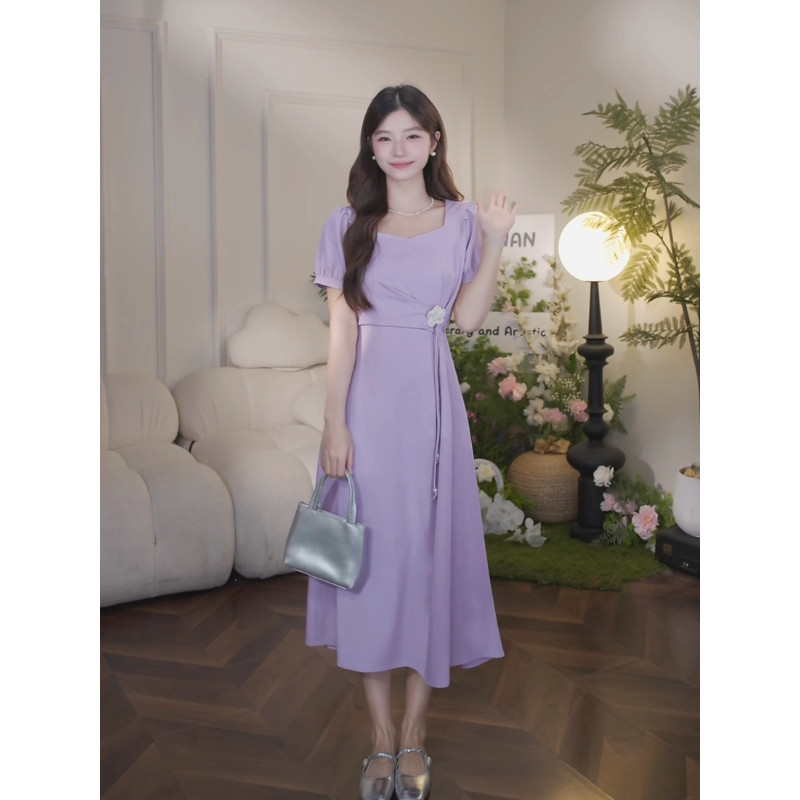 【S-5XL】 เดรสสีม่วงลาเวนเดอร์ คอเหลี่ยม แขนตุ๊กตาพอง เอวเข้ารูปพร้อมเข็มขัดผ้า Midi Dress เกาหลี