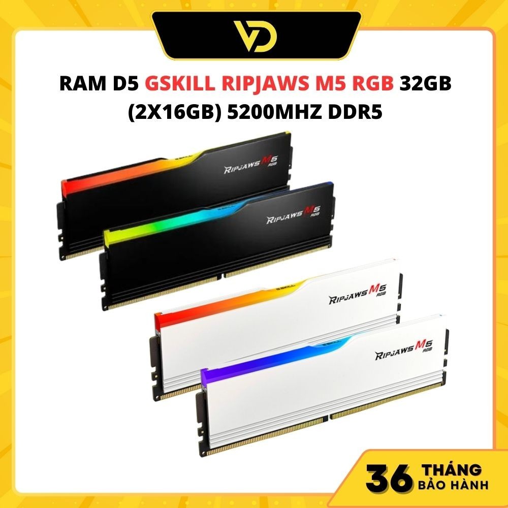 Ram D5 GSKILL RIPJAWS M5 RGB 32GB (2X16GB) สีดํา/ขาว 5200MHZ DDR5 - สินค้าของแท้