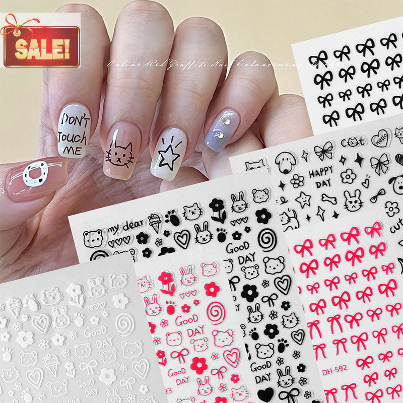 Bl การ์ตูน Graffiti Bow Nails Art สติกเกอร์ลูกแมวสุนัขหมี Graffiti น่ารัก Self กาว Wraps เด็กตกแต่งเล็บ A