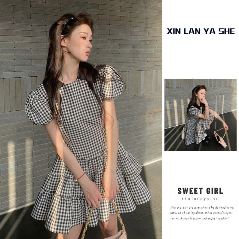 Dfd Xin LAN YA SHE ชุดสตรีพัฟแขนรอบคอสีดําและสีขาวลายตารางหมากรุกแฟชั่นเกาหลี