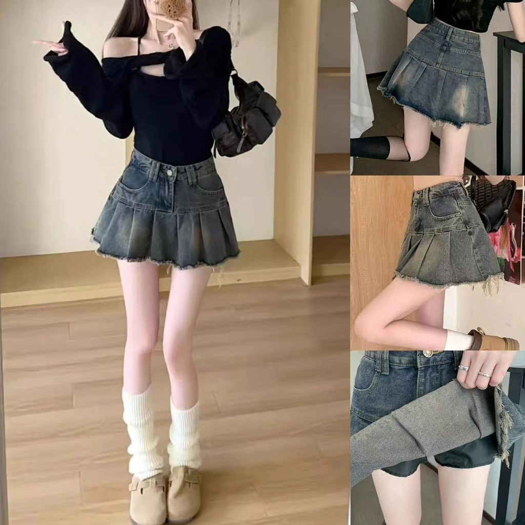 Hot Girl Retro Distressed Pleated Denim กระโปรงผู้หญิงฤดูร้อนเอวสูงSlimming A-line Anti-exposure Hip-coveringกระโปรงสั้นอินเทรนด์