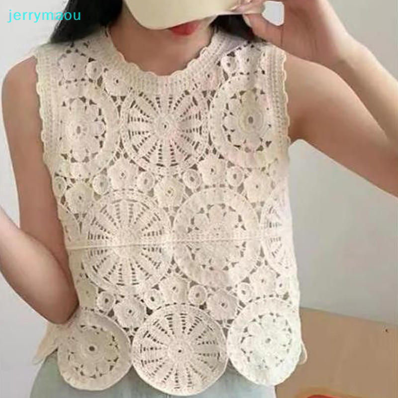 [JER] ฤดูร้อนผู้หญิงสีทึบ Retro Hollow Out เย็บปักถักร้อยรอบคอไม่สม่ําเสมอถักเสื้อกั๊ก HBC
