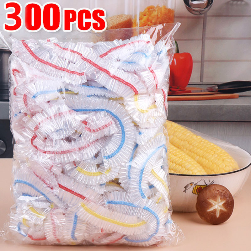 ฝาครอบเก็บสดแบบใช้แล้วทิ้ง 100/300 ชิ้น, ฝาครอบเก็บอาหารพลาสติก, ฝาครอบชามฝายืด, ถุงครัว
