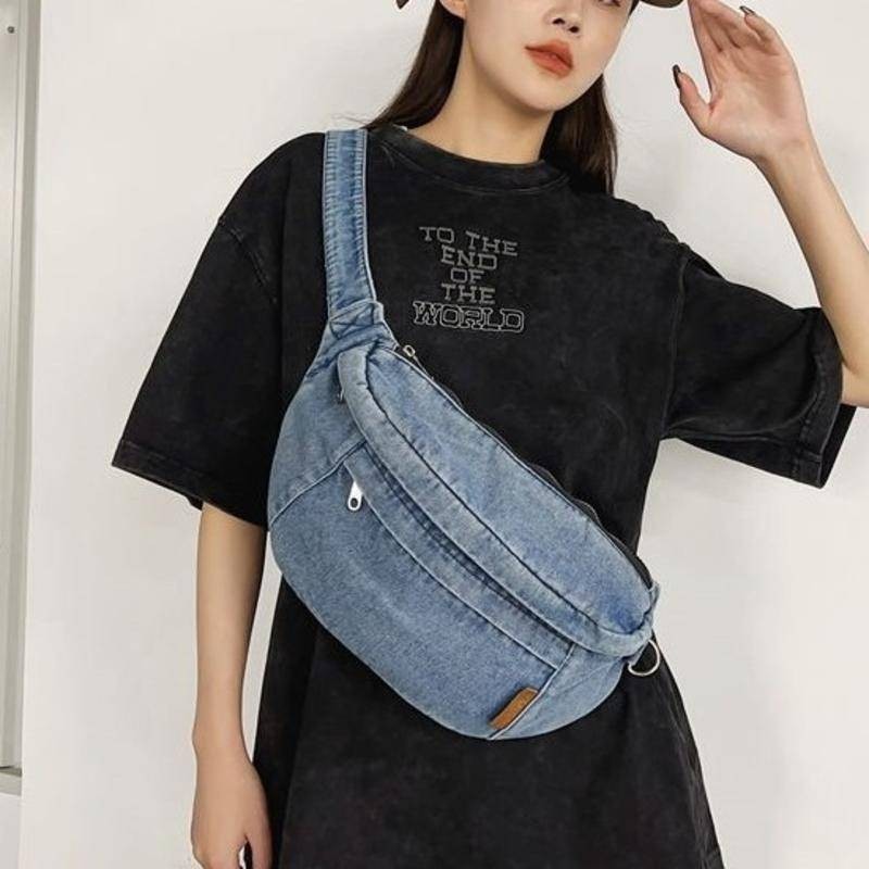 สไตล์ฮ่องกง Harajuku ins กระเป๋าหญิง Messenger Bag All-Match Denim Chest Bag กระเป๋าคาดเอว Street Wear Student Satchel