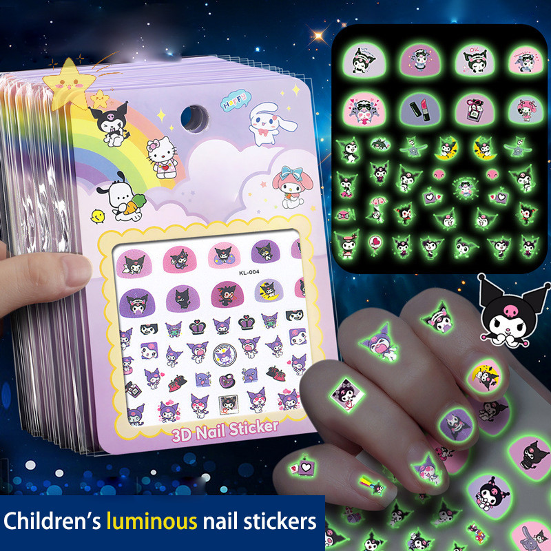 [JBTH] 5 ชิ้น/เซ็ต Luminous Hello Kitty 3D สติ๊กเกอร์ติดเล็บกดบนเล็บ Sanrio Melody Kuromi ตกแต่งเล็บสนุกอะนิเมะสติ๊กเกอร์ติดเล็บ [JB]