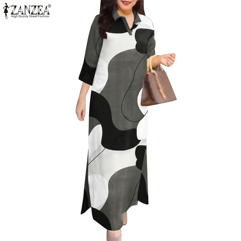 ZANZEA ใส่ ซานเซีย ผู้หญิงวินเทจทุกวันสบายๆแยกปก3/4แขนพิมพ์ชุด