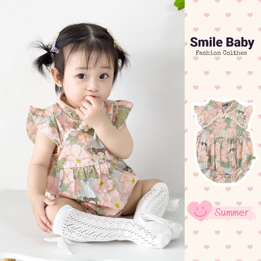ฤดูร้อนใหม่เสื้อผ้าเด็กเด็กสาวแขนสั้น ชุดรอมเปอร์ ทารกแรกเกิดผ้าฝ้ายน่ารักสุดน่ารักสาวสไตล์เจ้าหญิงดอกไม้บอดี้สูท