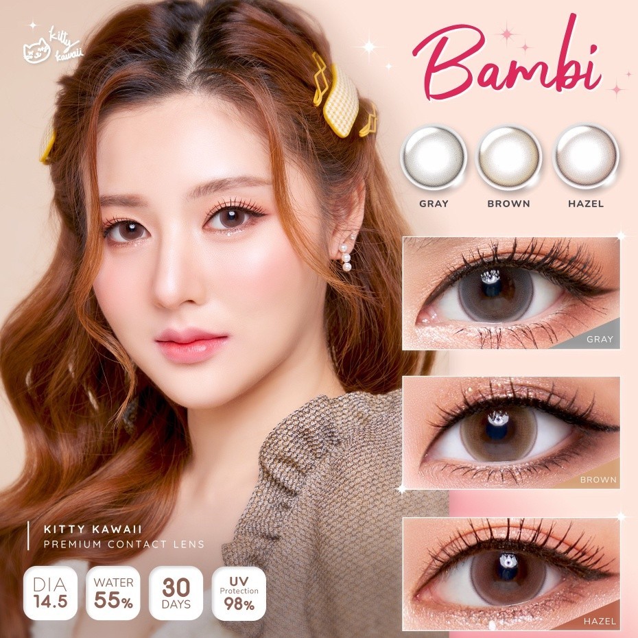 คอนแทคเลนส์(กลาง)🔥Bambi🔥(Kitty Kawaii) สี : Brown / Gray / Hazel รายเดือน มีค่าสายตา