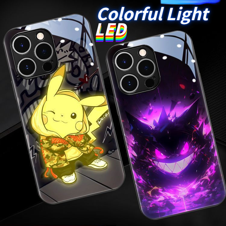 Pokemon Pikachu แก้วไฟ LED เรืองแสงเคสโทรศัพท์ Protector สําหรับ iPhone 15 15Promax 15plus 15pro 14Promax 14plus 14pro 14 13Promax 13 13pro 12ProMax 12pro 11ProMax 11pro 12 11