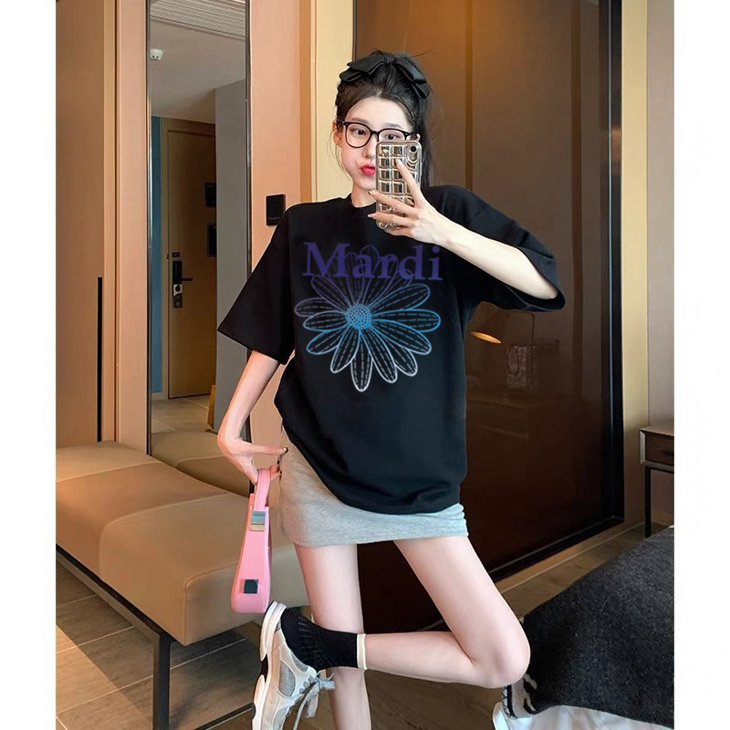 (จัดส่งตลอด 24 ชั่วโมง）Angle Official ((พร้อมส่ง) เสื้อยืดแขนสั้น พิมพ์ลายดอกเดซี่ ทรงหลวม แฟชั่นฤดูร้อน（5）