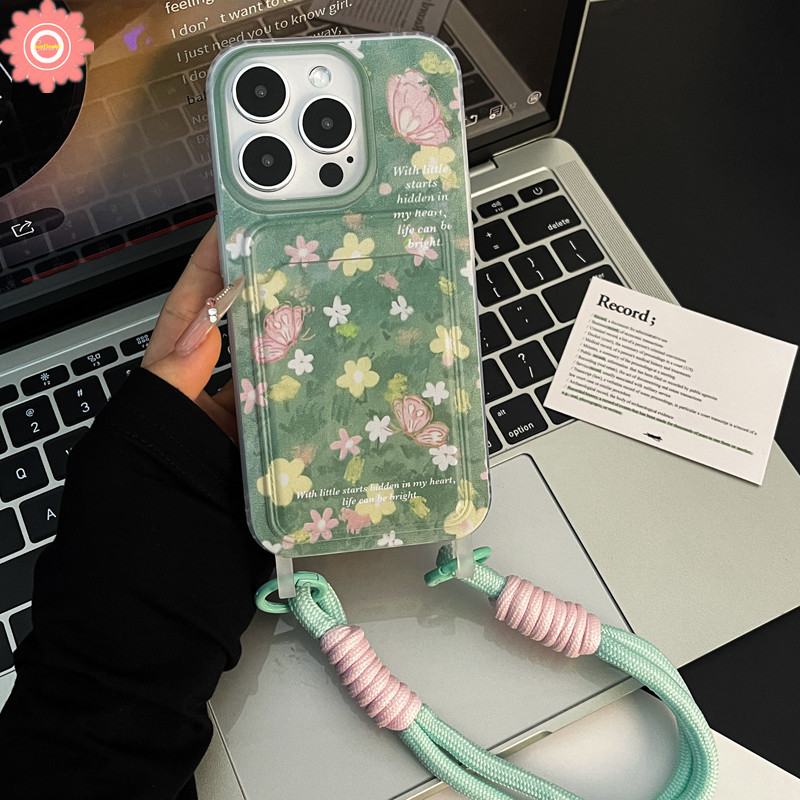 Romanceแฟนตาซีสีเขียวดอกไม้สดผีเสื้อสําหรับiphone 15 13 11 14 12 Pro Max 7Plus XR 6s 8 15 6 Plus XS X Max SE 2022 คู่กระเป๋าสตางค์ช่องใส่การ์ด Sase