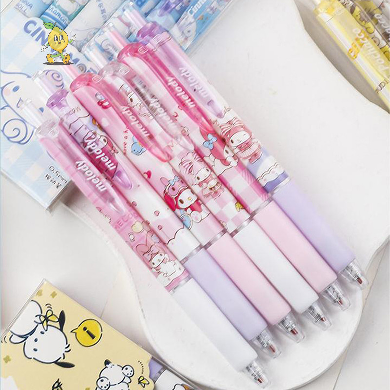 [mozh] 6 ชิ้น Kawaii Sanrio Hello Kitty ปากกาเจลการ์ตูน Pochacco Cinnamoroll Kuromi Quick Drying กดปากกาสีดําเครื่องเขียนอุปกรณ์ [TH]