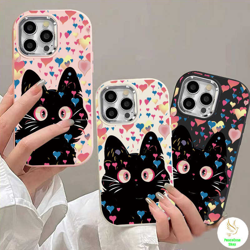 สำหรับ iPhone 7 8 X 11 12 13 14 15 ลูกแมวสีดำน่ารักพร้อมหัวใจที่มีสีสันกรอบรูปโลหะ Chubby Creative Case สำหรับ Unisex
