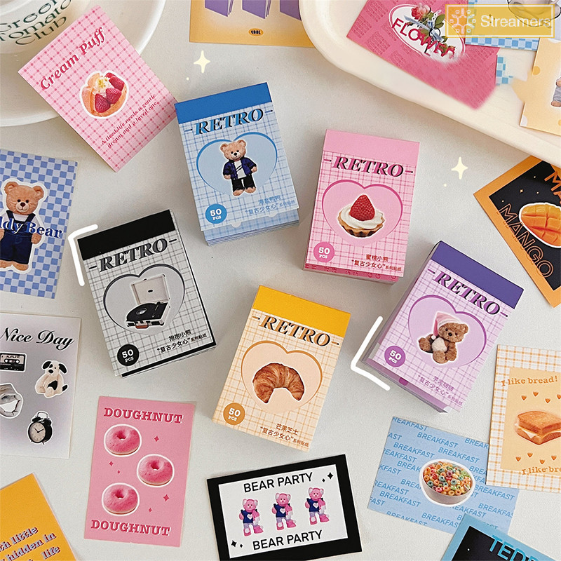 {Streamers} 50sheets Ins หมีน่ารักสติกเกอร์ Planner Journal Collage DIY Idol Card ตกแต่งวัสดุสติกเกอร์หนังสือ Kawaii เครื่องเขียนใหม่