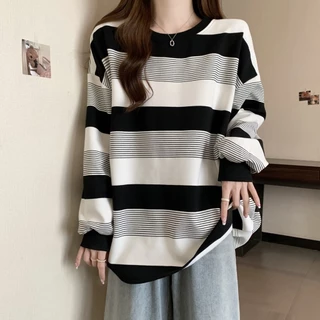 Retro ลายเสื้อยืดผู้หญิง 2026 หลวม Slimmer ดู Preppy สไตล์แขนยาว