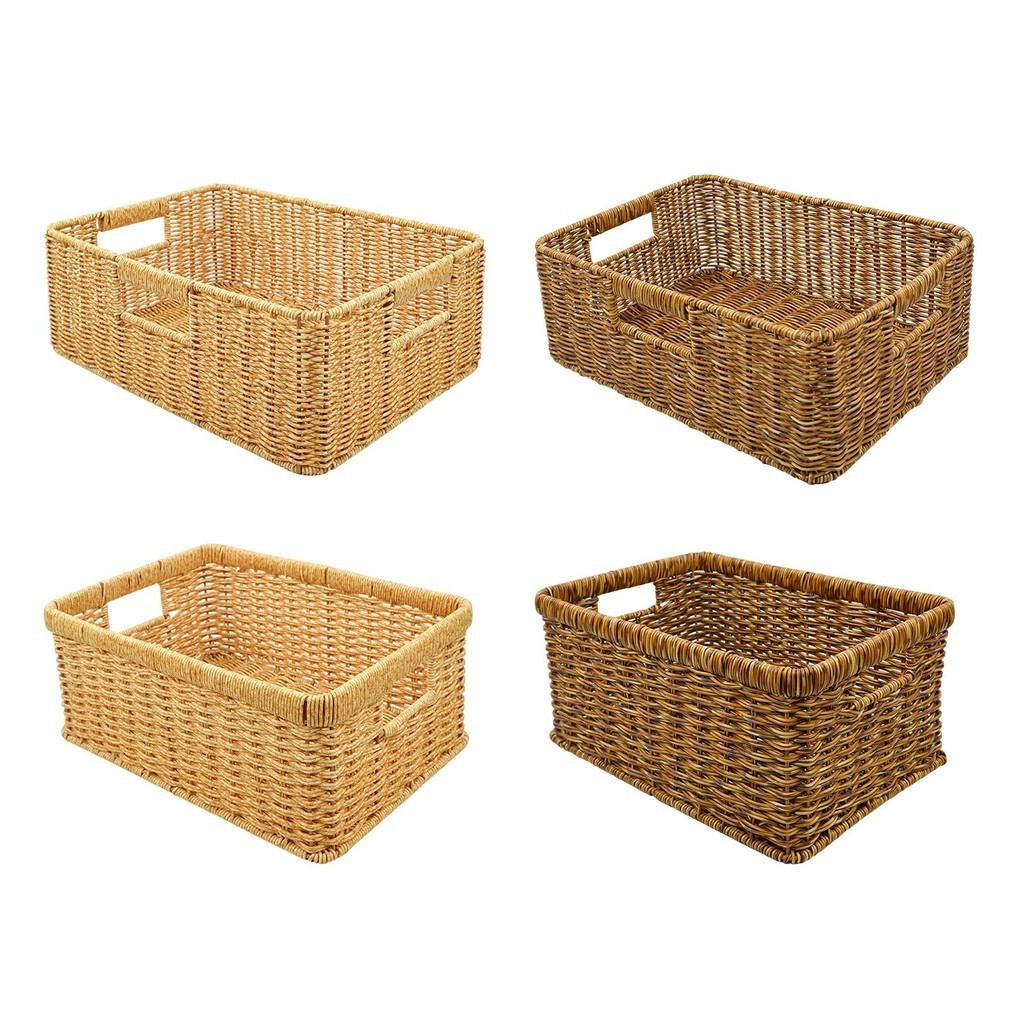 [Lszcx6l] ตะกร้าหวายพร้อมที่จับคอนเทนเนอร์ Handmade Organizer ถังเก็บสี่เหลี่ยม