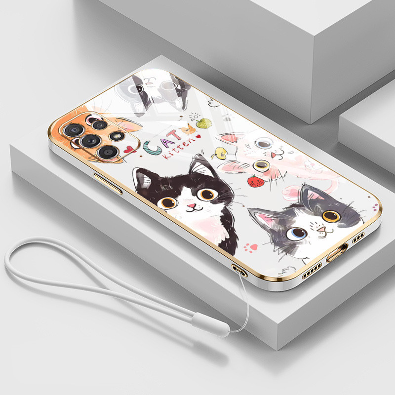 SAMSUNG ปลอกสําหรับsamsung Galaxy A23 A32 A52 A72 4G 5G A33 A53 A73 M32 A52S 5GรอบEyed CatหรูหราElectroplating Anti Dropเคสโทรศัพท์แบบนุ่ม